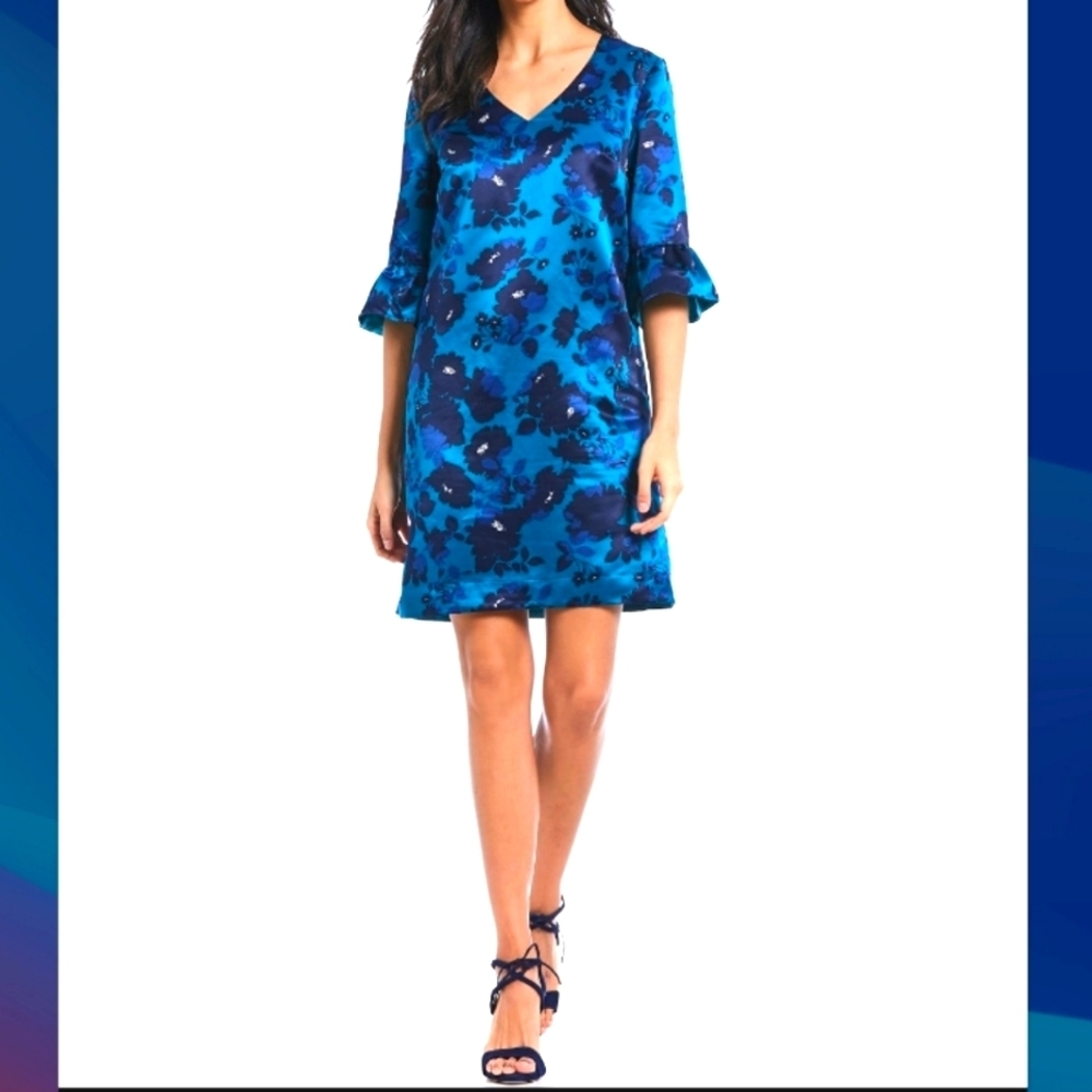 Draper James (Size 4) Floral Print Ruffle Bell Sleeves V-Neck Dress